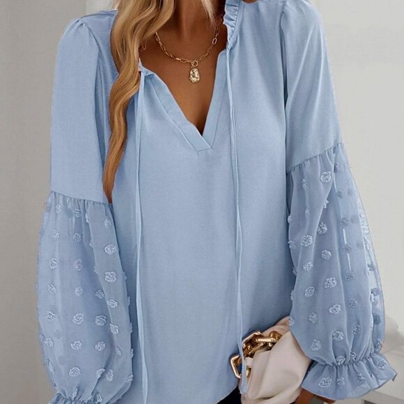 Baby Blue Casual Womens Swiss Dot Frill Trim Blouse - Picture 4 of 5